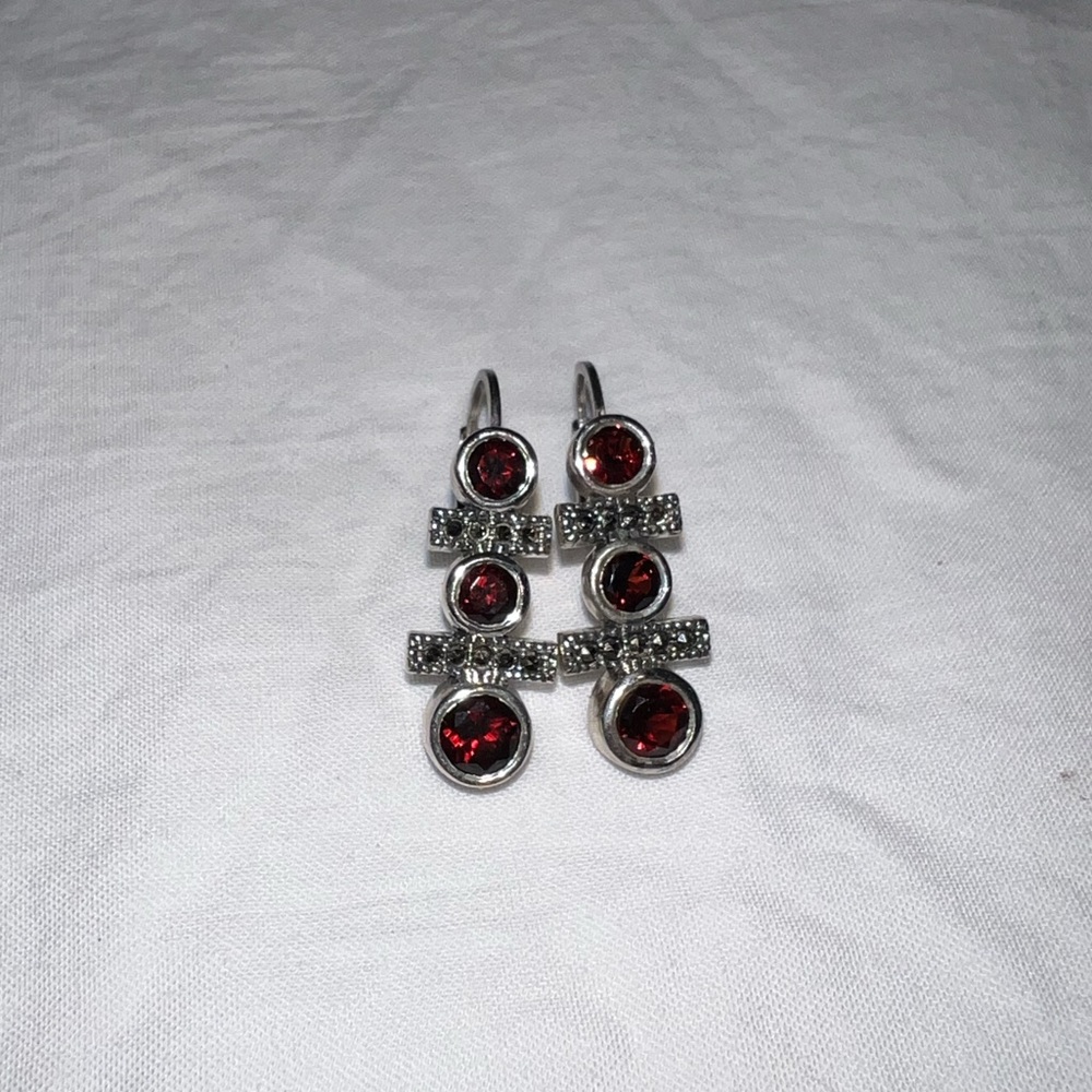 Judith Jack 925 Elegant Silver and Red Gemstone Earrings